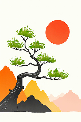 JPG 일러스트 자연 산 풍경 사람없음 태양 소나무 그라데이션 국내일러스트 AI일러스트 AI콘텐츠 자연요소 나무 생태계 파일형식