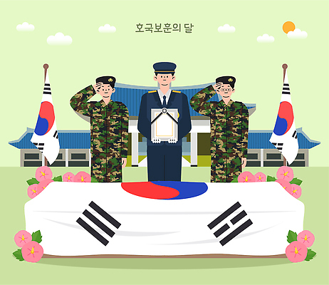 전신 남자 일러스트 들기 성인 세명 군인 태극기 군복 관 무궁화 경례 거수경례 영정사진 추모 성인남자만 호국보훈의달 현충원 국내일러스트 AI파일 직업 꽃 유니폼 모션 사람 인사 국기 6월 국군 남자만 성인만 파일형식 벡터