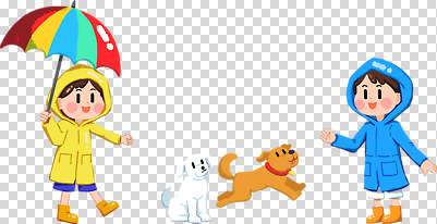전신 편집이미지 여자 남자 어린이 우산 웃음 누끼 소녀 소년 두명 강아지 우비 PNG 어린이만 옷 표정 사람 반려동물 개 파일형식