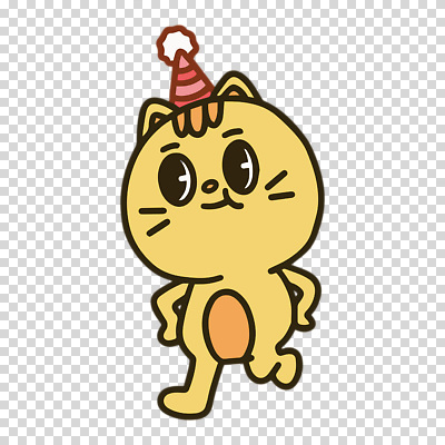 모자_잡화 컬러 동물캐릭터 포즈 고양이 파일형식 노란색 고깔모자 허리손 고양이캐릭터 편집이미지 PNG 사람없음 누끼