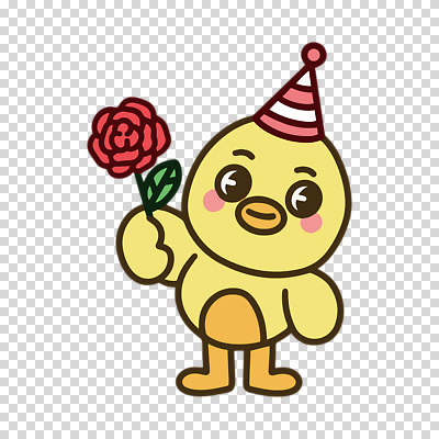 모자_잡화 꽃 컬러 동물캐릭터 모션 오리 파일형식 노란색 고깔모자 들기 장미 오리캐릭터 편집이미지 PNG 사람없음 누끼