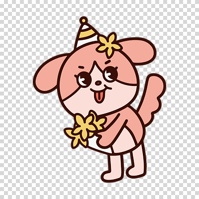 모자_잡화 꽃 컬러 동물캐릭터 모션 개 파일형식 분홍색 고깔모자 꽃다발 들기 메롱 개캐릭터 편집이미지 PNG 사람없음 누끼