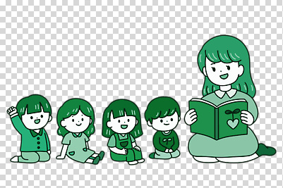 직업 여자 남자 어린이 컬러 다수 모션 사람 파일형식 교사 들기 책 손들기 읽기 독서 초록색 전신 앉기 여러명 성인 소녀 소년 편집이미지 PNG 누끼