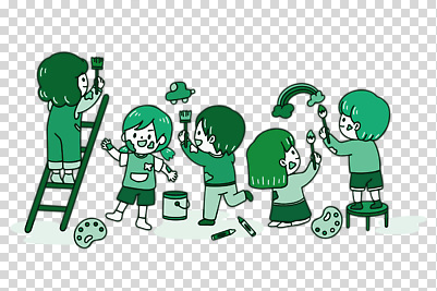 여자 남자 어린이 컬러 다수 모션 사람 미술도구 도구 붓 파일형식 초록색 팔레트 물감 페인트붓 그리기 사다리 들기 전신 여러명 소녀 소년 편집이미지 PNG 누끼