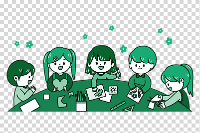 컬러 가구 다수 모션 학용품 가위_도구 사람 필기구 파일형식 가위질 연필 들기 자르기 그리기 여러명 여자 남자 어린이 책상 초록색 편집이미지 PNG 누끼 상반신