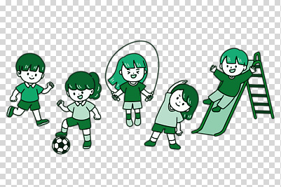컬러 다수 공 축구용품 모션 사람 운동 구기 놀이기구 파일형식 미끄럼틀 스트레칭 줄넘기 축구 축구공 달리기 초록색 전신 여러명 여자 남자 어린이 편집이미지 PNG 누끼