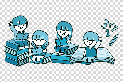 컬러 다수 모션 사람 책 무더기 파일형식 읽기 독서 앉기 책더미 질문 손들기 전신 파란색 여러명 여자 남자 어린이 편집이미지 PNG 누끼