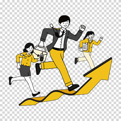 옷 여자 남자 음료 컬러 컨셉 가방 비즈니스 모션 사람 직장인 파일형식 비즈니스우먼 비즈니스맨 정장 사원증 노란색 화살표 상승 달리기 문서 커피 서류가방 들기 전신 세명 편집이미지 PNG 누끼