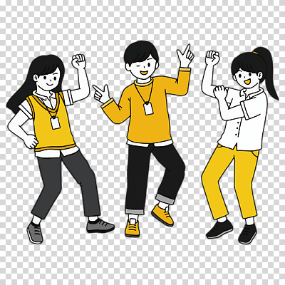 컬러 비즈니스 모션 문화예술 사람 파일형식 사원증 손들기 춤 노란색 전신 세명 여자 남자 편집이미지 PNG 누끼