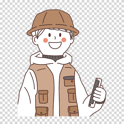 편집이미지 남자 한명 들기 누끼 상반신 스마트폰 갈색 조끼 PNG 벙거지모자 모자_잡화 1 컬러 모션 사람 핸드폰 스마트기기 외투 파일형식