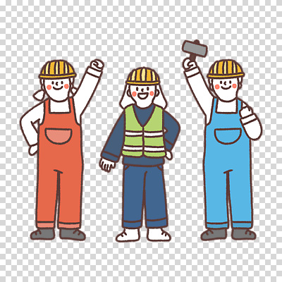 전신 편집이미지 여자 남자 들기 누끼 세명 망치 안전모 멜빵바지 PNG 안전조끼 건설근로자 직업 바지 모션 사람 공구 헬멧 안전장비 멜빵 파일형식