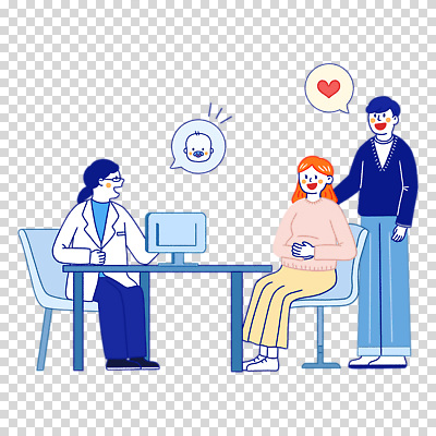 모양 커플 가구 모션 병원 사람 컴퓨터 임신 의사 파일형식 하트 아기 말풍선 부부 의자 모니터 산부인과 산부인과의사 임산부 앉기 전신 세명 여자 남자 편집이미지 PNG 누끼