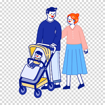커플 관계 모션 사람 아기용품 파일형식 승차 가족 부부 걷기 밀기 잡기 전신 유모차 세명 아기 여자 남자 편집이미지 PNG 누끼
