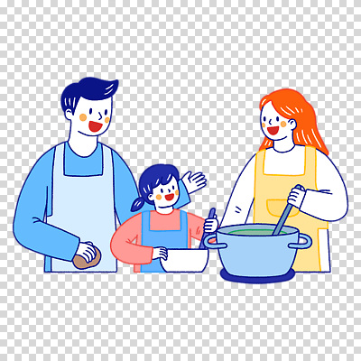 관계 모션 주방용품 사람 솥 파일형식 주걱 들기 앞치마 요리 냄비 젓기 어린이 가족 상반신 세명 여자 남자 편집이미지 PNG 누끼