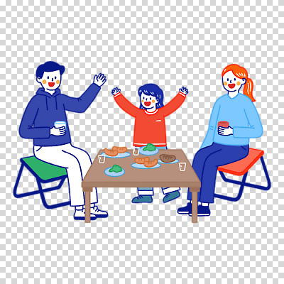 식기 의자 식재료 관계 모션 탁자 레저 캠핑도구 사람 가공식품 파일형식 들기 컵 육류 접시 소시지 앉기 식탁 만세 캠핑의자 캠핑 전신 가족 어린이 여자 남자 편집이미지 PNG 누끼 세명