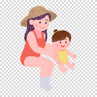 전신 편집이미지 여자 수영복 어린이 모녀 누끼 앉기 두명 수영 밀짚모자 PNG 모자_잡화 옷 딸 가족 모션 엄마 사람 수상스포츠 파일형식