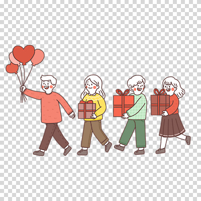 다수 모션 선물 사람 상자 하트 풍선 파일형식 전신 걷기 하트풍선 선물상자 행진 들기 여러명 남자 여자 편집이미지 PNG 누끼