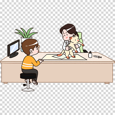 가구 포유류 의료기기 모션 사람 반려동물 컴퓨터 진료 의사 파일형식 의자 앉기 모니터 청진기 진료대 고양이 수의사 전신 두명 어린이 남자 여자 편집이미지 PNG 누끼