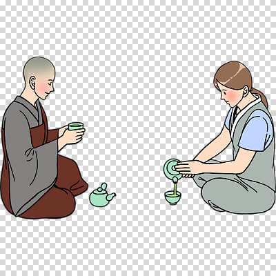 음료 불교 모션 주전자 잔 사람 앉기 예절 체험 성직자 파일형식 전신 두명 남자 여자 눈감음 가부좌 들기 붓기 차 찻잔 찻주전자 다도 템플스테이 승복 승려 편집이미지 PNG 누끼