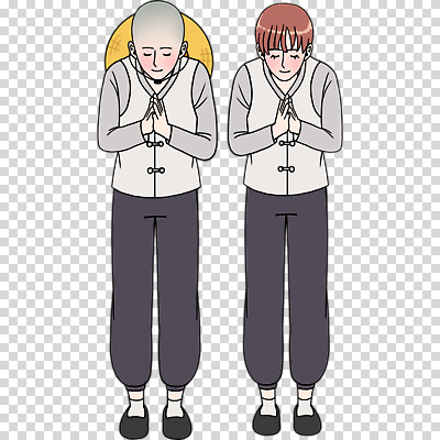 모자_잡화 불교 사람 손짓 예절 체험 성직자 파일형식 전신 두명 남자 인사 합장 밀짚모자 템플스테이 승복 승려 편집이미지 PNG 누끼