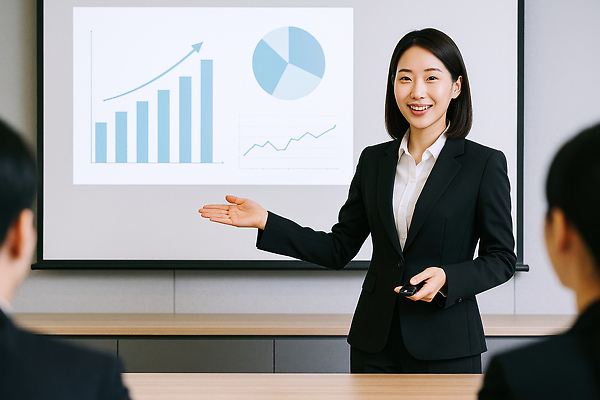 JPG 편집이미지 여자 남자 그래프 미소 들기 정장 상반신 성인 뒷모습 세명 스크린 자료 가리킴 비즈니스맨 비즈니스우먼 발표 리모컨 프레젠테이션 책상 회의실 의료성형뷰티 성인만 편집실사 AI인물포토 AI콘텐츠 옷 뷰포인트 가구 비즈니스 모션 표정 사람 손짓 직장인 CG 파일형식 AI포토