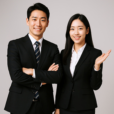 JPG 편집이미지 여자 남자 미소 정장 상반신 성인 두명 손들기 팔짱 비즈니스맨 비즈니스우먼 의료성형뷰티 성인만 편집실사 AI인물포토 AI콘텐츠 옷 비즈니스 모션 표정 사람 직장인 CG 파일형식 AI포토