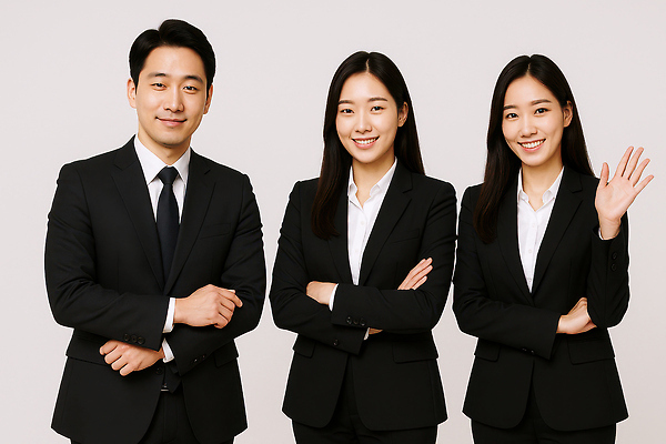 JPG 편집이미지 여자 남자 미소 정장 상반신 성인 세명 손들기 팔짱 비즈니스맨 비즈니스우먼 의료성형뷰티 성인만 편집실사 AI인물포토 AI콘텐츠 옷 비즈니스 모션 표정 사람 직장인 CG 파일형식 AI포토