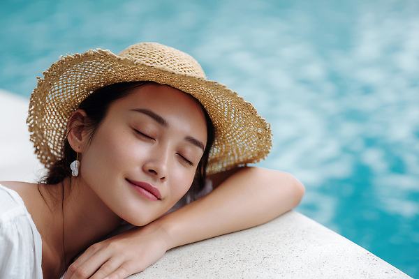 JPG 편집이미지 여자 얼굴 엎드리기 휴식 야외수영장 한명 미소 성인 여름휴가 눈감음 잠 편안함 비치모자 의료성형뷰티 성인여자한명만 편집실사 AI인물포토 AI콘텐츠 모자_잡화 1 컨셉 모션 휴가 수영장 표정 사람 신체부위 감각 CG 여자한명만 성인여자만 파일형식 여름_계절 AI포토