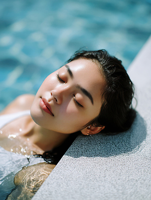JPG 편집이미지 여자 얼굴 휴식 야외수영장 한명 미소 성인 여름휴가 눈감음 잠 수면 편안함 의료성형뷰티 성인여자한명만 편집실사 AI인물포토 AI콘텐츠 1 컨셉 모션 휴가 수영장 표정 사람 신체부위 물 감각 CG 여자한명만 성인여자만 파일형식 여름_계절 AI포토