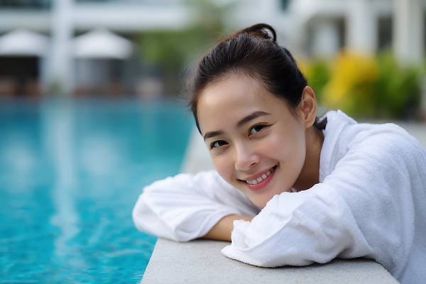 JPG 편집이미지 여자 엎드리기 휴식 야외수영장 한명 미소 상반신 성인 여름휴가 편안함 의료성형뷰티 성인여자한명만 편집실사 AI인물포토 AI콘텐츠 1 컨셉 모션 휴가 수영장 표정 사람 감각 CG 여자한명만 성인여자만 파일형식 여름_계절 AI포토