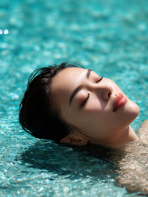 JPG 편집이미지 여자 얼굴 휴식 야외수영장 한명 성인 여름휴가 눈감음 잠 수면 편안함 의료성형뷰티 성인여자한명만 편집실사 AI인물포토 AI콘텐츠 1 컨셉 모션 휴가 수영장 사람 신체부위 물 감각 CG 여자한명만 성인여자만 파일형식 여름_계절 AI포토