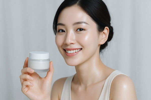 JPG 편집이미지 여자 한명 웃음 들기 상반신 성인 흰색 피부관리 광택 수분크림 의료성형뷰티 성인여자한명만 편집실사 물광 AI인물포토 AI콘텐츠 1 컬러 모션 표정 사람 뷰티 화장품 CG 여자한명만 성인여자만 파일형식 AI포토