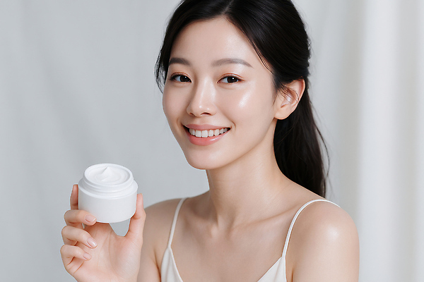 JPG 편집이미지 여자 한명 웃음 들기 상반신 성인 흰색 피부관리 광택 수분크림 의료성형뷰티 성인여자한명만 편집실사 물광 AI인물포토 AI콘텐츠 1 컬러 모션 표정 사람 뷰티 화장품 CG 여자한명만 성인여자만 파일형식 AI포토