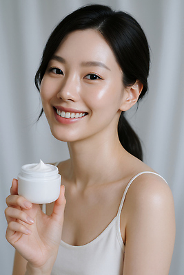 JPG 편집이미지 여자 한명 웃음 들기 상반신 성인 흰색 피부관리 광택 수분크림 의료성형뷰티 성인여자한명만 편집실사 물광 AI인물포토 AI콘텐츠 1 컬러 모션 표정 사람 뷰티 화장품 CG 여자한명만 성인여자만 파일형식 AI포토