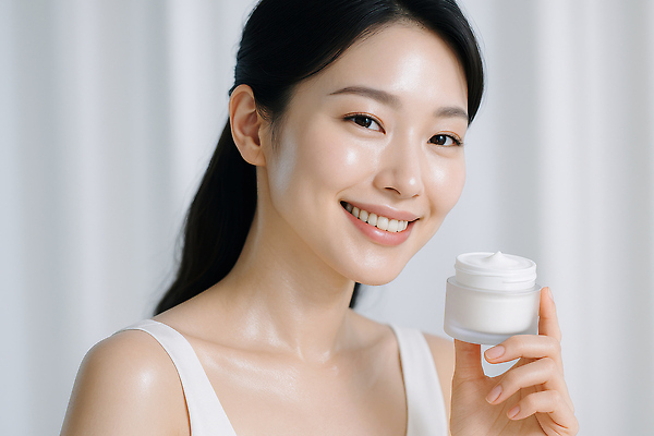 JPG 편집이미지 여자 한명 웃음 들기 상반신 성인 흰색 피부관리 광택 수분크림 의료성형뷰티 성인여자한명만 편집실사 물광 AI인물포토 AI콘텐츠 1 컬러 모션 표정 사람 뷰티 화장품 CG 여자한명만 성인여자만 파일형식 AI포토