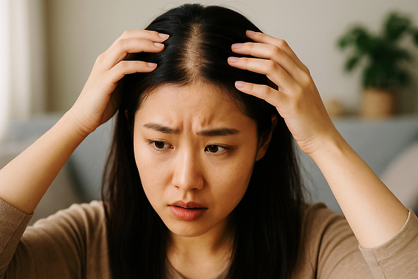 JPG 편집이미지 여자 거실 한명 상반신 성인 찡그림 심각 탈모 의료성형뷰티 성인여자한명만 편집실사 머리짚기 AI인물포토 AI콘텐츠 1 컨셉 모션 표정 사람 CG 증상 여자한명만 성인여자만 파일형식 AI포토