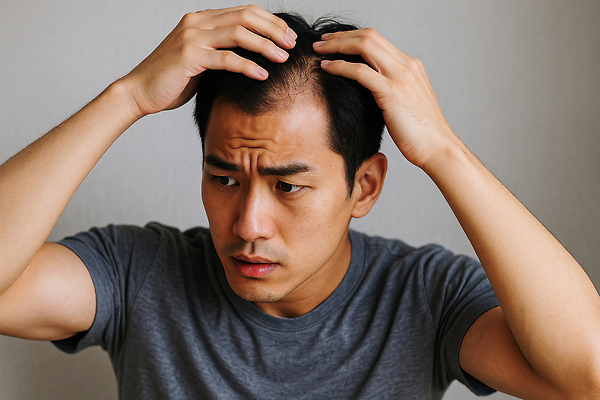 JPG 편집이미지 남자 한명 상반신 성인 찡그림 심각 탈모 의료성형뷰티 성인남자한명만 편집실사 머리짚기 AI인물포토 AI콘텐츠 1 컨셉 모션 표정 사람 CG 증상 남자한명만 성인남자만 파일형식 AI포토