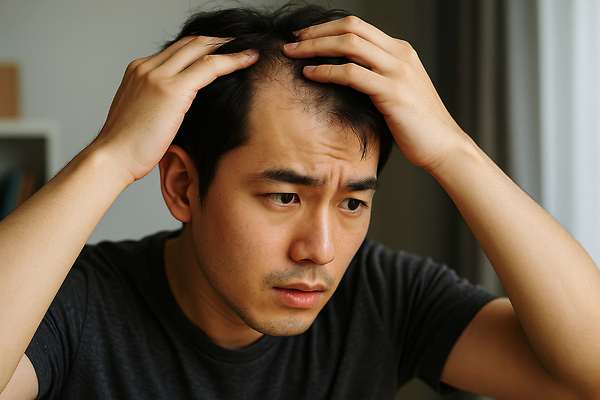 JPG 편집이미지 남자 한명 상반신 성인 찡그림 심각 탈모 의료성형뷰티 성인남자한명만 편집실사 머리짚기 AI인물포토 AI콘텐츠 1 컨셉 모션 표정 사람 CG 증상 남자한명만 성인남자만 파일형식 AI포토