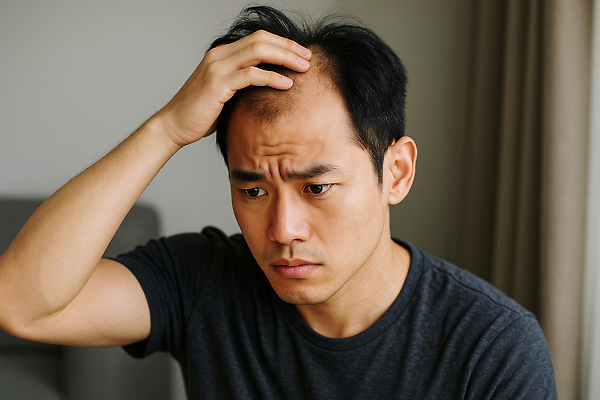 JPG 편집이미지 남자 한명 상반신 성인 찡그림 심각 탈모 의료성형뷰티 성인남자한명만 편집실사 머리짚기 AI인물포토 AI콘텐츠 1 컨셉 모션 표정 사람 CG 증상 남자한명만 성인남자만 파일형식 AI포토