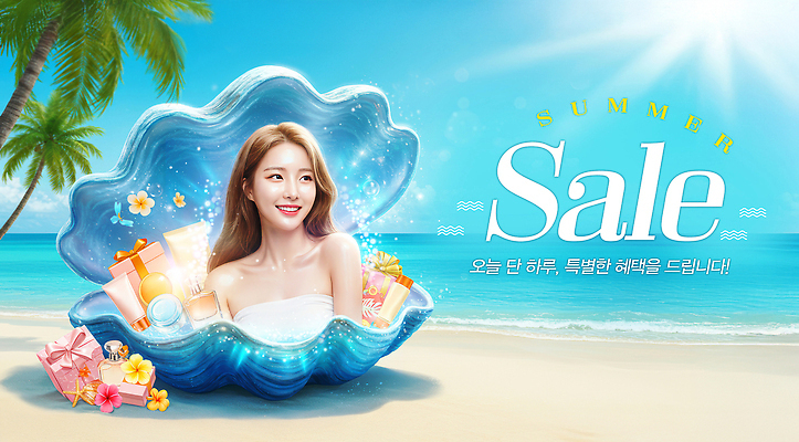 PSD 편집이미지 여자 꽃 하늘색 하늘 한명 미소 상반신 성인 해변 여름 선물상자 모래사장 야자수 햇빛 세일 화장품 오픈 조개껍데기 의료성형뷰티 성인여자한명만 이미지편집 나무 식물 1 계절 바다 조개 표정 선물 사람 파란색 상자 태양 뷰티 여자한명만 성인여자만 파일형식