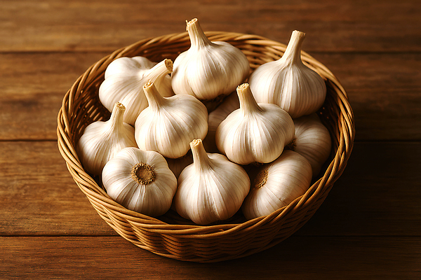 JPG 편집이미지 식재료 마늘 사람없음 바구니 나무탁자 통마늘 편집실사 AI포토 AI콘텐츠 채소 탁자 CG 파일형식