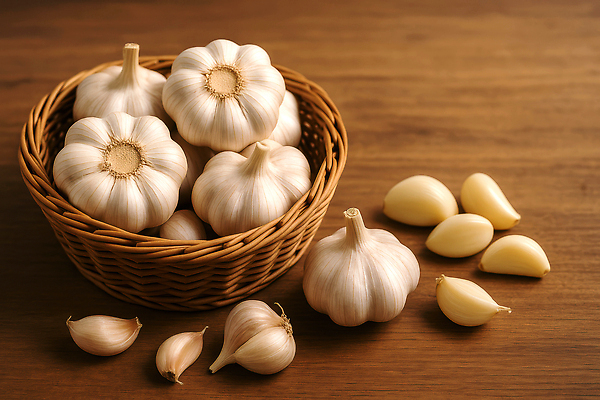JPG 편집이미지 조각 식재료 마늘 사람없음 바구니 나무탁자 통마늘 편집실사 AI포토 AI콘텐츠 채소 탁자 CG 파일형식