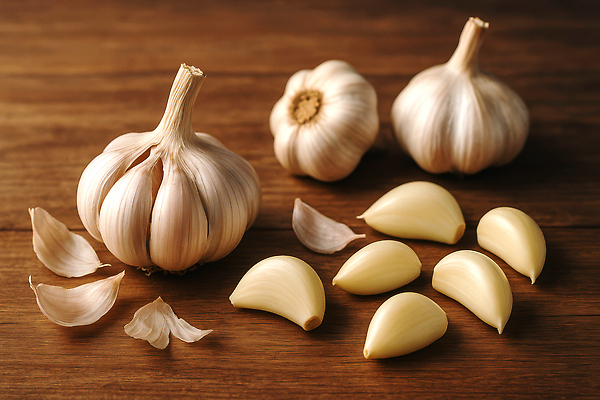 JPG 편집이미지 조각 식재료 마늘 사람없음 껍질 나무탁자 통마늘 편집실사 AI포토 AI콘텐츠 채소 탁자 CG 파일형식