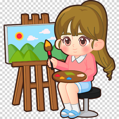 전신 편집이미지 여자 어린이 의자 한명 들기 누끼 앉기 붓 그리기 팔레트 이젤 캔버스 PNG 1 가구 모션 사람 미술도구 파일형식