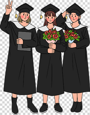모자_잡화 꽃 졸업 관계 모션 사람 손짓 가운 파일형식 들기 친구 브이 졸업장 꽃다발 장미 학사모 졸업가운 전신 세명 여자 편집이미지 PNG 누끼