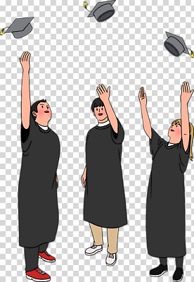 모자_잡화 졸업 모션 사람 가운 파일형식 손들기 학사모 졸업가운 던지기 전신 세명 여자 남자 편집이미지 PNG 누끼