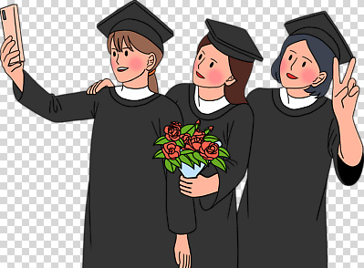 모자_잡화 꽃 졸업 관계 모션 사람 손짓 핸드폰 스마트기기 사진촬영 가운 파일형식 어깨에손 브이 장미 꽃다발 학사모 졸업가운 세명 여자 스마트폰 들기 셀프카메라 친구 편집이미지 PNG 누끼