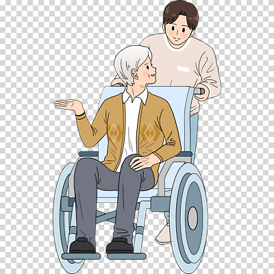 직업 모션 말하기 사람 성인 장애 파일형식 대화 앉기 밀기 장애인 휠체어 요양보호사 전신 두명 노년 남자 편집이미지 PNG 누끼