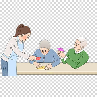직업 교육 종이 가구 사람 성인 접기 파일형식 요양보호사 여자 남자 노년 가르침 앞치마 책상 종이접기 편집이미지 PNG 누끼 상반신 세명