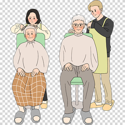 가구 다수 모션 사람 성인 미용용품 파일형식 앞치마 커트보 이발 의자 앉기 여러명 여자 남자 전신 노년 이발사 편집이미지 PNG 누끼